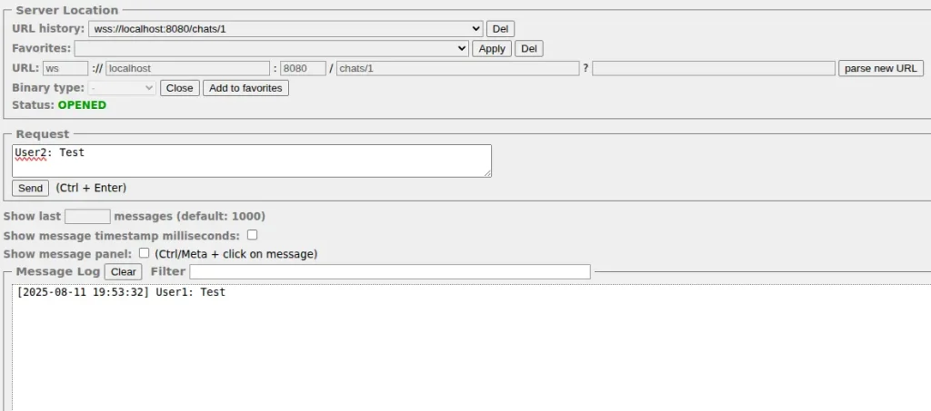图片：两个 WebSocket 客户端交换消息的屏幕截图