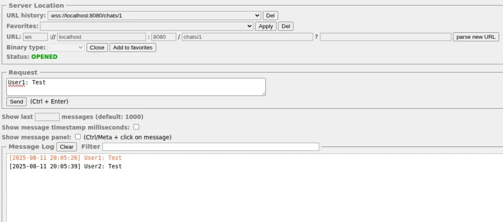 图片：两个 WebSocket 客户端交换消息的屏幕截图